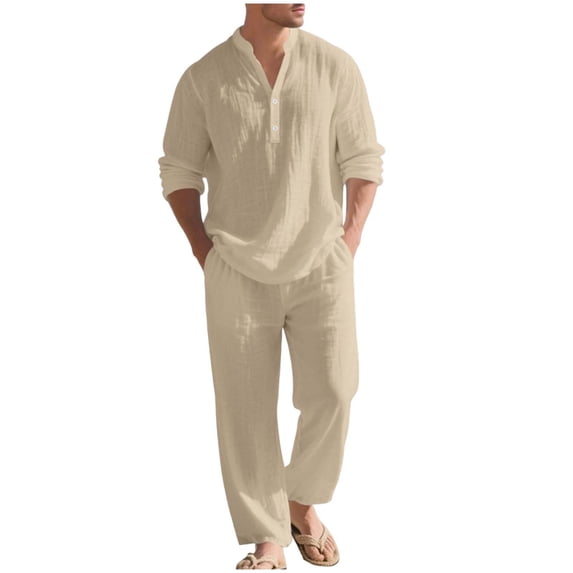 Aofany Men's 2 Piece Outfit Mens Linen Sets Long Sleeve Button Down Shirt And Pants Set Solid Color Summer Thin Beach Outfits Set
