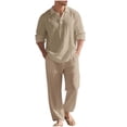 thumbnail image 1 of Aofany Men's 2 Piece Outfit Mens Linen Sets Long Sleeve Button Down Shirt And Pants Set Solid Color Summer Thin Beach Outfits Set, 1 of 8