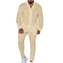 Aofany Men's 2 Piece Outfits Casual Beach Suit Breathable Comfy Cotton Linen Shirts and Pants Set Solid Color Matching Lounge Sets