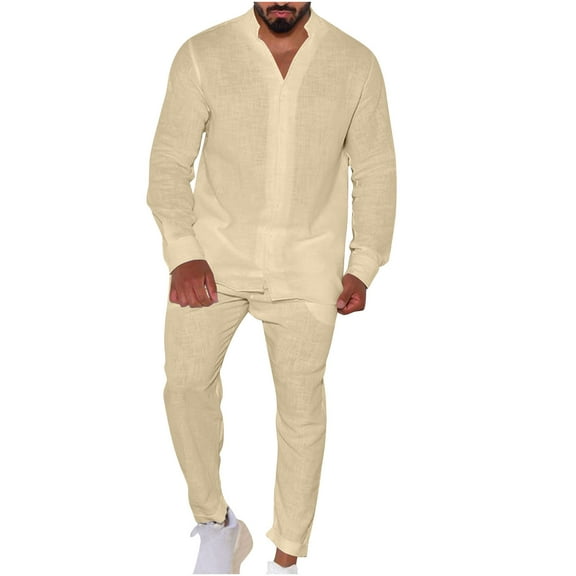 Aofany Men's 2 Piece Outfits Casual Beach Suit Breathable Comfy Cotton Linen Shirts and Pants Set Solid Color Matching Lounge Sets