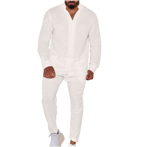 Aofany Men's 2 Piece Outfits Casual Beach Suit Breathable Comfy Cotton Linen Shirts and Pants Set Solid Color Matching Lounge Sets