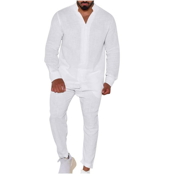 Aofany Men's 2 Piece Outfits Casual Beach Suit Breathable Comfy Cotton Linen Shirts and Pants Set Solid Color Matching Lounge Sets