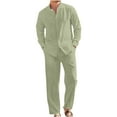 thumbnail image 1 of Aofany Men's 2 Piece Outfits Solid Turndown Collar Button Shirts and Drawstring Elastic Wais Pant Casual Beach Outfits, 1 of 7