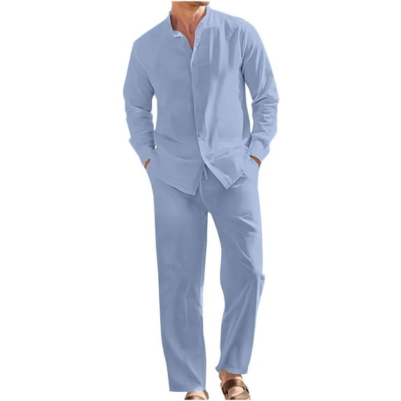 Aofany Men's 2 Piece Outfits Solid Turndown Collar Button Shirts and Drawstring Elastic Wais Pant Casual Beach Outfits