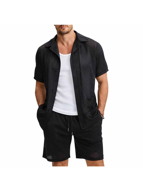 Men's 2 Piece Sets Short Sleeve Shirt & Shorts Set Casual Mesh Button Down Summer Beach Outfit