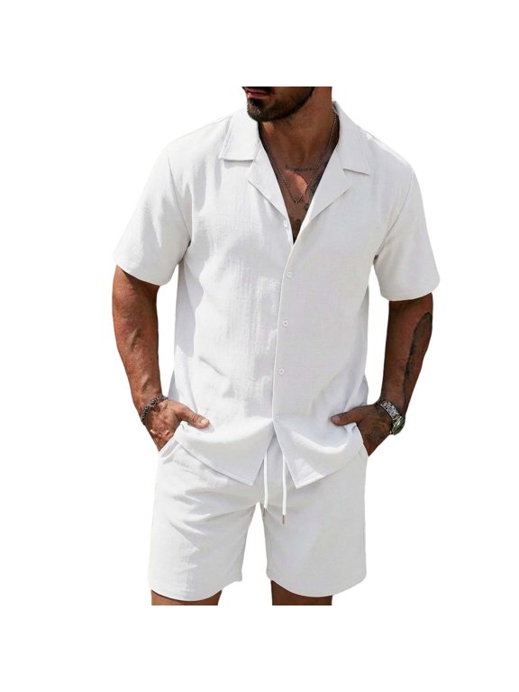 Men's 2 Pieces Cotton Linen Set Casual Beach Outfit Short Sleeve Button Down Shirt Solid Color Summer Short Set with Pocket 2026