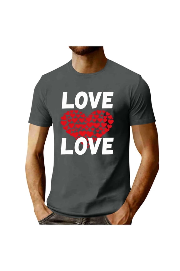Men's 2026 Valentine Day T Shirt Plus Size Romantic Love Heart Print Tops Tunic Fit Fitness Short Sleeve Tshirts Lovely Round Neck Tee Top for Men