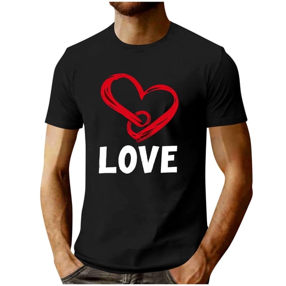 Aofany Men's 2026 Valentine Day T Shirt Plus Size Romantic Love Heart Print Tops Tunic Fit Fitness Short Sleeve Tshirts Lovely Round Neck Tee Top for Men