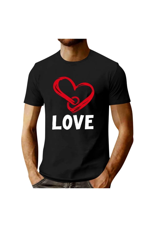 Men's 2026 Valentine Day T Shirt Plus Size Romantic Love Heart Print Tops Tunic Fit Fitness Short Sleeve Tshirts Lovely Round Neck Tee Top for Men