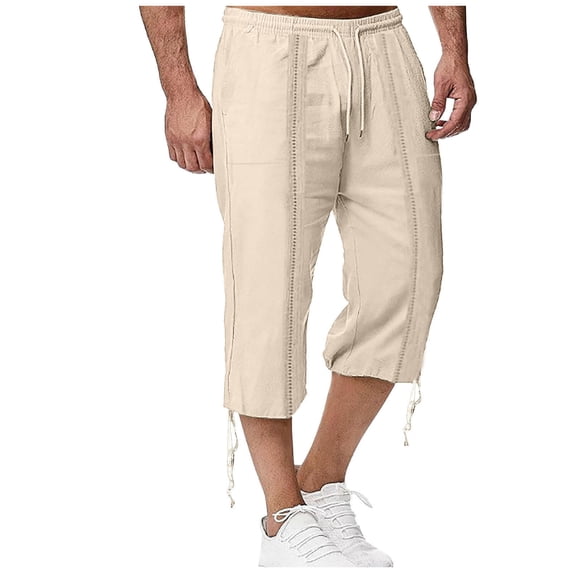 Aofany Men's Capris Pants Fashion Summer Elastic Waist Drawstring Trousers Solid Casual Straight Pant With Pockets