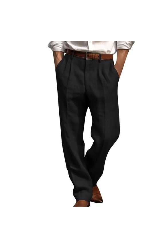 Men's Casual Loose Straight Trousers Solid With Double Pleated Front Pockets Pants Relaxed Fit Business Pants