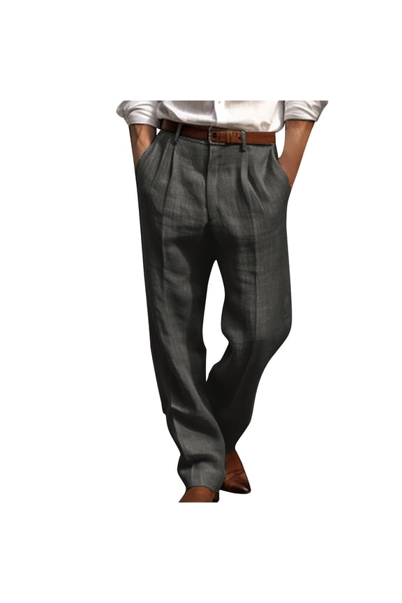 Men's Casual Loose Straight Trousers Solid With Double Pleated Front Pockets Pants Relaxed Fit Business Pants