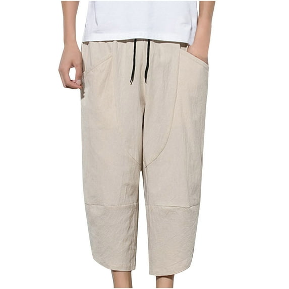 Aofany Men's Cotton Linen Capris Pants Plus Size Casual Loose Cropped Pants Drawstring Straight Pocket Trousers