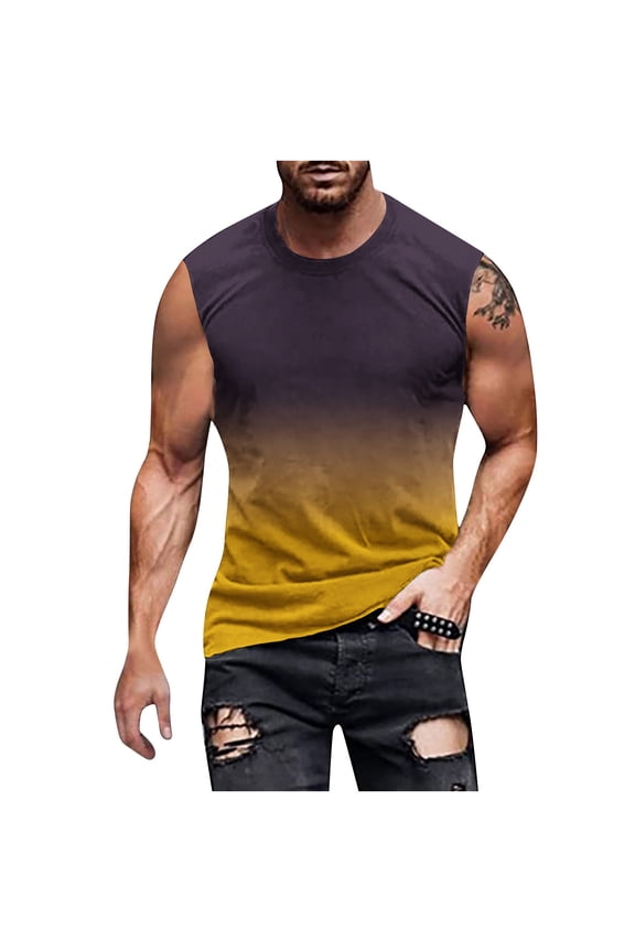 Men's Gradient Sleeveless Tank Top Plus Size Regular Pullover Round Neck T-shirt Casual Sports Vest Top