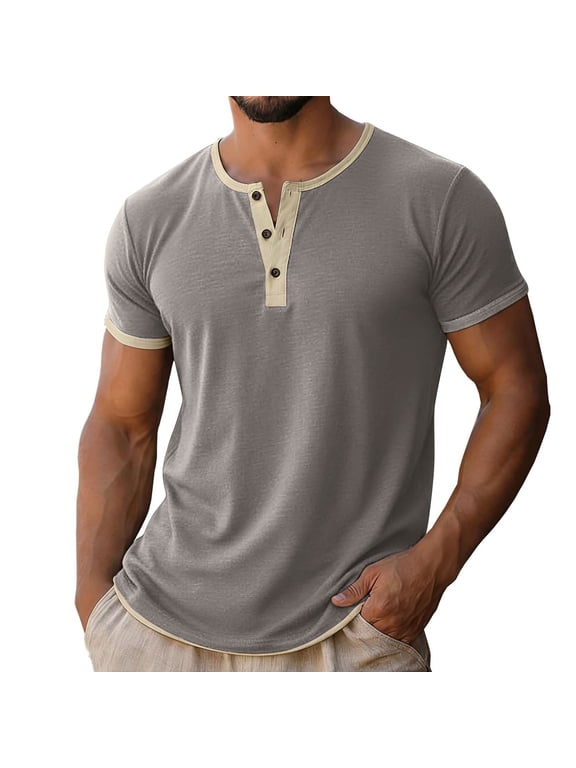 Men's Henley Shirts Short Sleeve Fashion Lightweight Button Color Block T-Shirt Casual Basic Tee Top