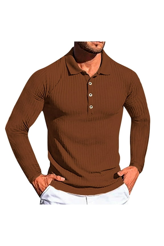 Men's Knit Shirts Lapel Long Sleeve Shirt Fashion Button Solid Color Slim Fit Tee Shirts