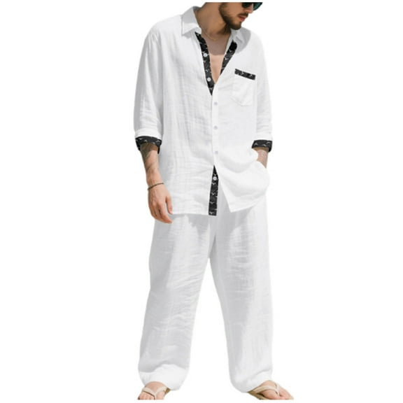 Aofany Men's Linen 2 Piece Outfits Casual Long Sleeve Button Down Shirts and Loose Lounge Pants Matching Sets Big and Tall Beach Outfits Set