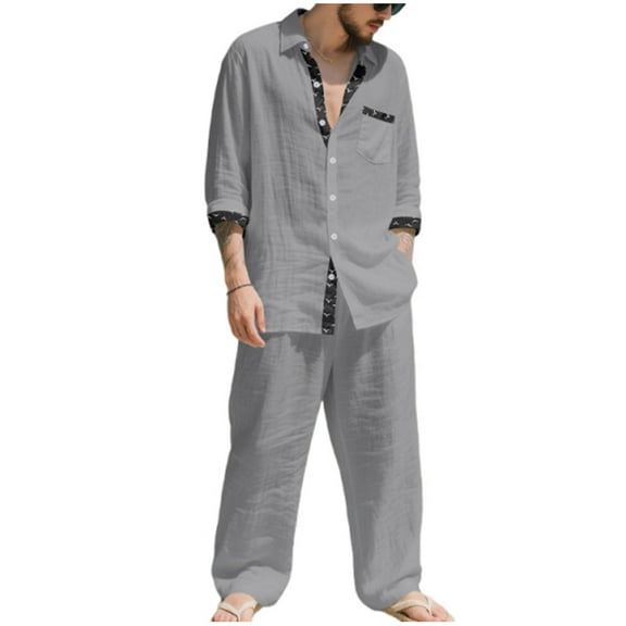 Aofany Men's Linen 2 Piece Outfits Casual Long Sleeve Button Down Shirts and Loose Lounge Pants Matching Sets Big and Tall Beach Outfits Set