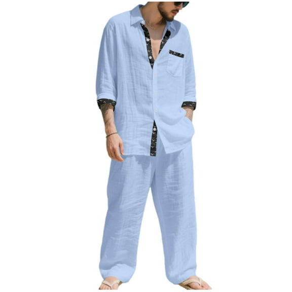 Aofany Men's Linen 2 Piece Outfits Casual Long Sleeve Button Down Shirts and Loose Lounge Pants Matching Sets Big and Tall Beach Outfits Set