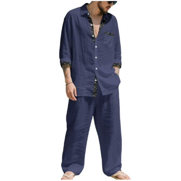 Aofany Men's Linen 2 Piece Outfits Casual Long Sleeve Button Down Shirts and Loose Lounge Pants Matching Sets Big and Tall Beach Outfits Set
