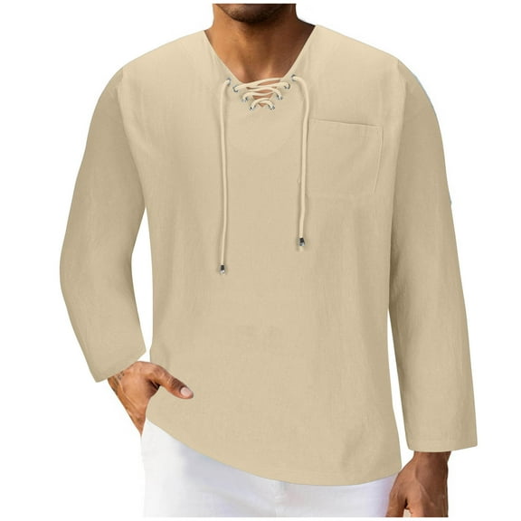 Aofany Men's Long Sleeve V-Neck Tops Fashion Fallow Drawstring Solid Color Pockets Cotton Comfy T Shirt Blouse