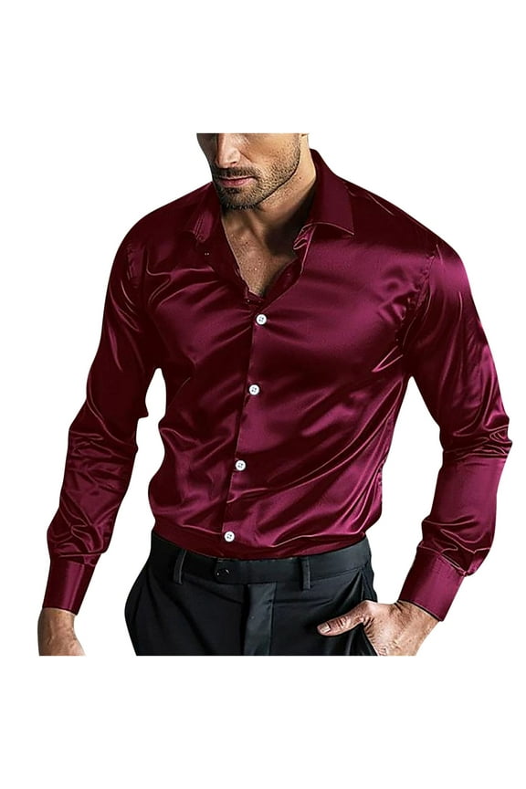 Men's Luxury Satin Dress Shirt Shiny Silk Long Sleeve Button Down Shirts Elegant Wedding Shirt Lightweight Party Shirts