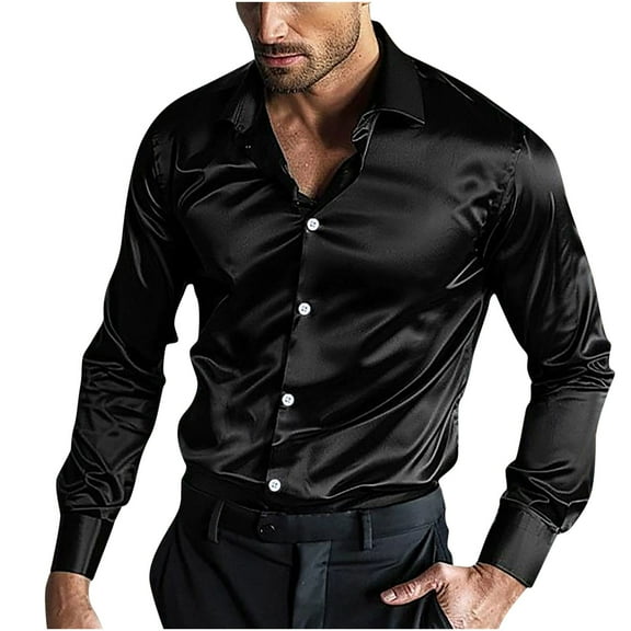 Aofany Men's Luxury Satin Dress Shirt Shiny Silk Long Sleeve Button Down Shirts Elegant Wedding Shirt Lightweight Party Shirts