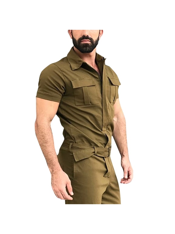 Men's Short-Sleeve Work Coverall Lightweight with Elastic Waist Jumpsuit Cargo Multi Pockets Romper