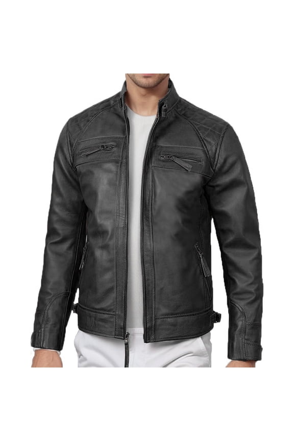 Men's Stand Collar Jacket Leather Overcoats Casual Faux Leather Punk Motorcycle Jacket Outerwear Coat with Zipper