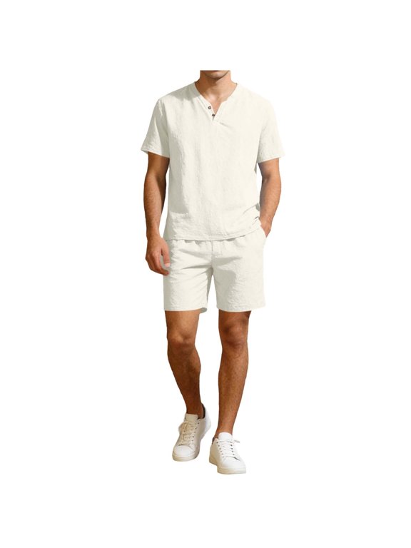 Mens 2 Piece Sets Casual Outfit Cotton Linen Summer Vacation Beach Short Sleeve T Shirts and Shorts for Men