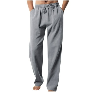 Aofany Mens Elastic Waist Pants Solid Color Breathable Loose Casual Trousers Drawstring Straight Pants