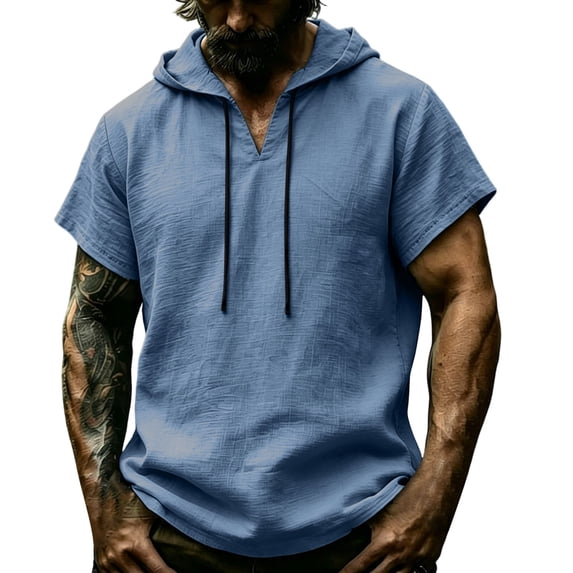 Aofany Mens Hoodies Summer Lightweight Hooded Mens Linen Shirts Solid Color Casual Short Sleeve Tops