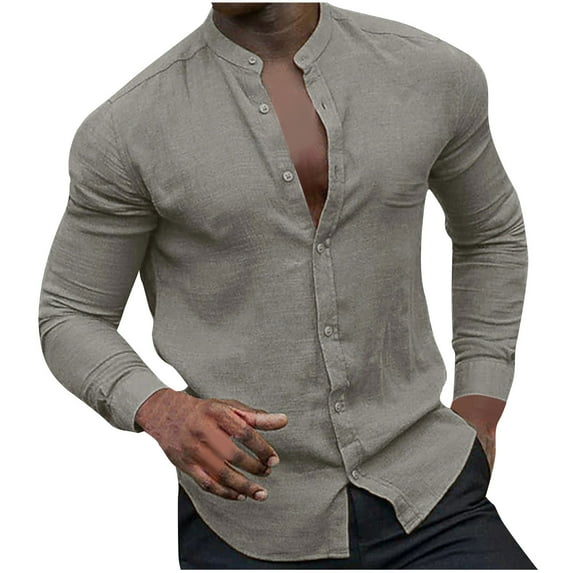 Aofany Mens Shirts Solid Long Sleeve Button-Down Shirts Cotton Linen Comfy Casual Blouse Tops