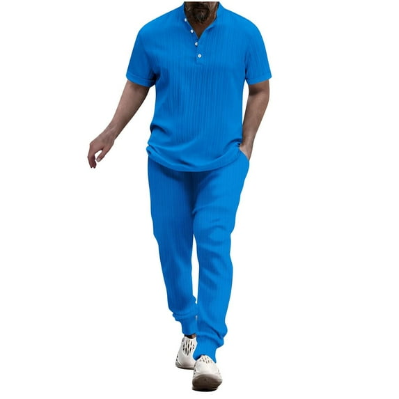 Aofany Mens Short Sets 2 Piece Outfits Men Casual Solid Fashion Stand Collar Pullover Sports Suit Short Sleeve T Shirt Trousers Two-Piece Tracksuit Mens Sets