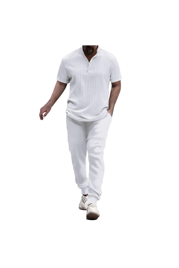 Mens Short Sets 2 Piece Outfits Men Casual Solid Fashion Stand Collar Pullover Sports Suit Short Sleeve T Shirt Trousers Two-Piece Tracksuit Mens Sets