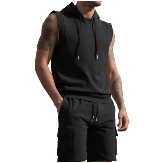 Aofany Mens Short Sets 2 Piece Outfits Sleeveless Workout Hoodies and Drawstring Casual Track Shorts Sets Loose Fit Summer Tracksuit