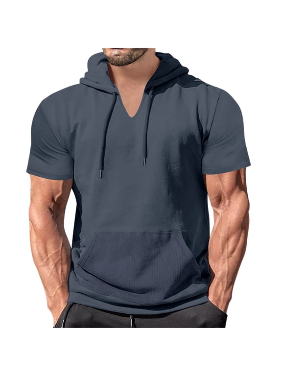 Mens Short Sleeve Hoodies Tops Solid Hooded T Shirt Gym Workout Pullover Athletic Shirts