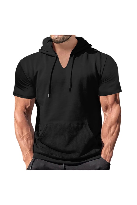 Mens Short Sleeve Hoodies Tops Solid Hooded T Shirt Gym Workout Pullover Athletic Shirts