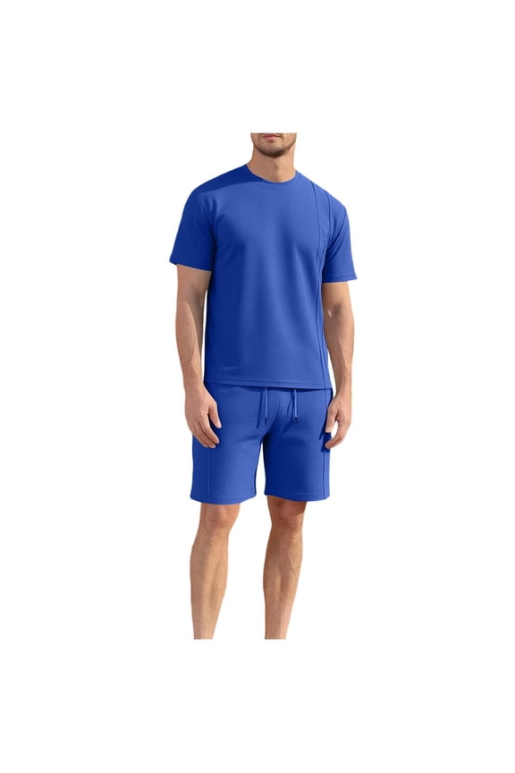 Mens Summer 2 Piece Tracksuit Solid Color Crew Neck Pull-On Tee Tops and Double Pockets Plain Shorts Vacation Workout Shirts Sets