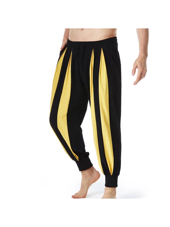 Mens Trousers Patchwork Casual Elastic Waist Drawstring Pocket Sport Pants Cuffed Pants