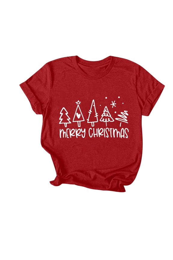 Merry Christmas Plus Size Shirt Women Christmas Trees T-Shirt Xmas Short Sleeve Tees Funny Holiday Tops