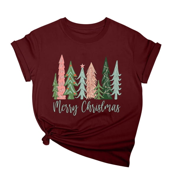 Aofany Merry Christmas Shirt for Women Letter Pattern Cute T-Shirt Plaid Xmas Tree Casual Graphic Print Crewneck Tees Tops