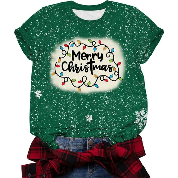 Aofany Merry Christmas Shirt for Women Letter Pattern Cute T-Shirt Plaid Xmas Tree Casual Graphic Print Crewneck Tees Tops