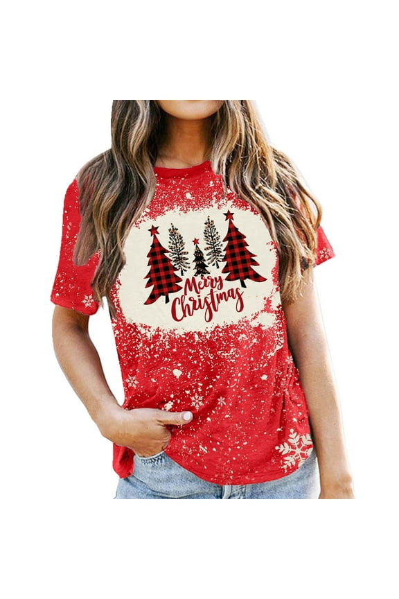 Merry Christmas Shirt for Women Letter Pattern Cute T-Shirt Plaid Xmas Tree Casual Graphic Print Crewneck Tees Tops