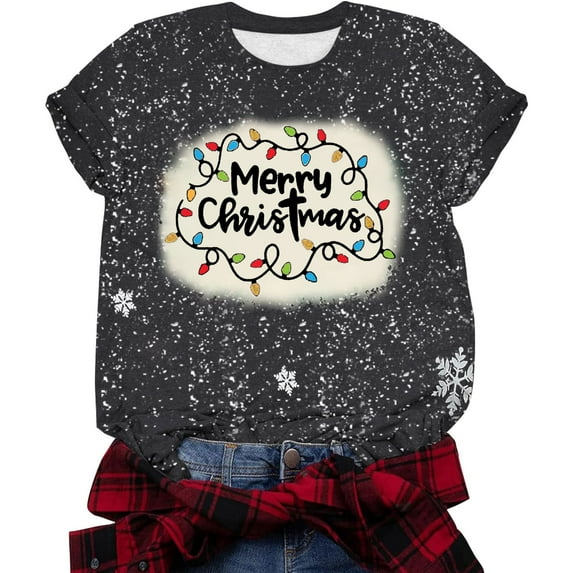 Aofany Merry Christmas Shirt for Women Letter Pattern Cute T-Shirt Plaid Xmas Tree Casual Graphic Print Crewneck Tees Tops