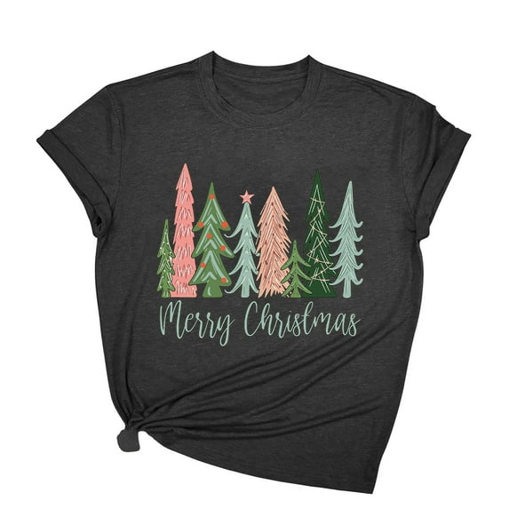 Aofany Merry Christmas Shirt for Women Letter Pattern Cute T-Shirt Plaid Xmas Tree Casual Graphic Print Crewneck Tees Tops