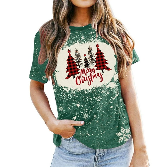 Aofany Merry Christmas Shirt for Women Letter Pattern Cute T-Shirt Plaid Xmas Tree Casual Graphic Print Crewneck Tees Tops