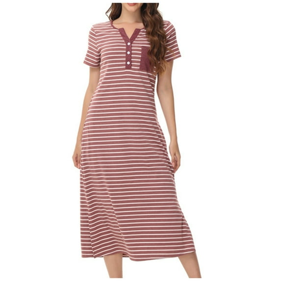 Aofany Nightgowns for Women Cotton Short Sleeve Split Maxi Dress Sleepshirts V Neck Full Length Soft Sleep Shirts Loungewear with Pocket
