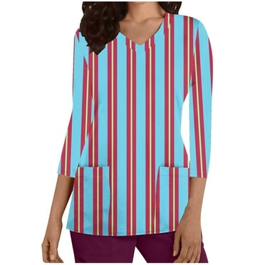 Aofany Nurse Uniforms for Women Cute Print 3/4 Sleeve Medical Scrub Tops V-Neck Stretch Tshirts Working Uniform with Pockets