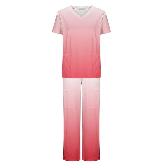 Aofany Nursing Scrub Workwear Sets for Women Working Uniform Gradient Color V Neck Short Sleeve T Shirt+Long Pants with Pockets